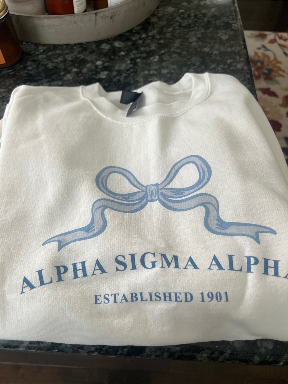 Alpha Sigma Alpha White Sweatshirt with Light Blue Bow Graphic long sleeve. -M